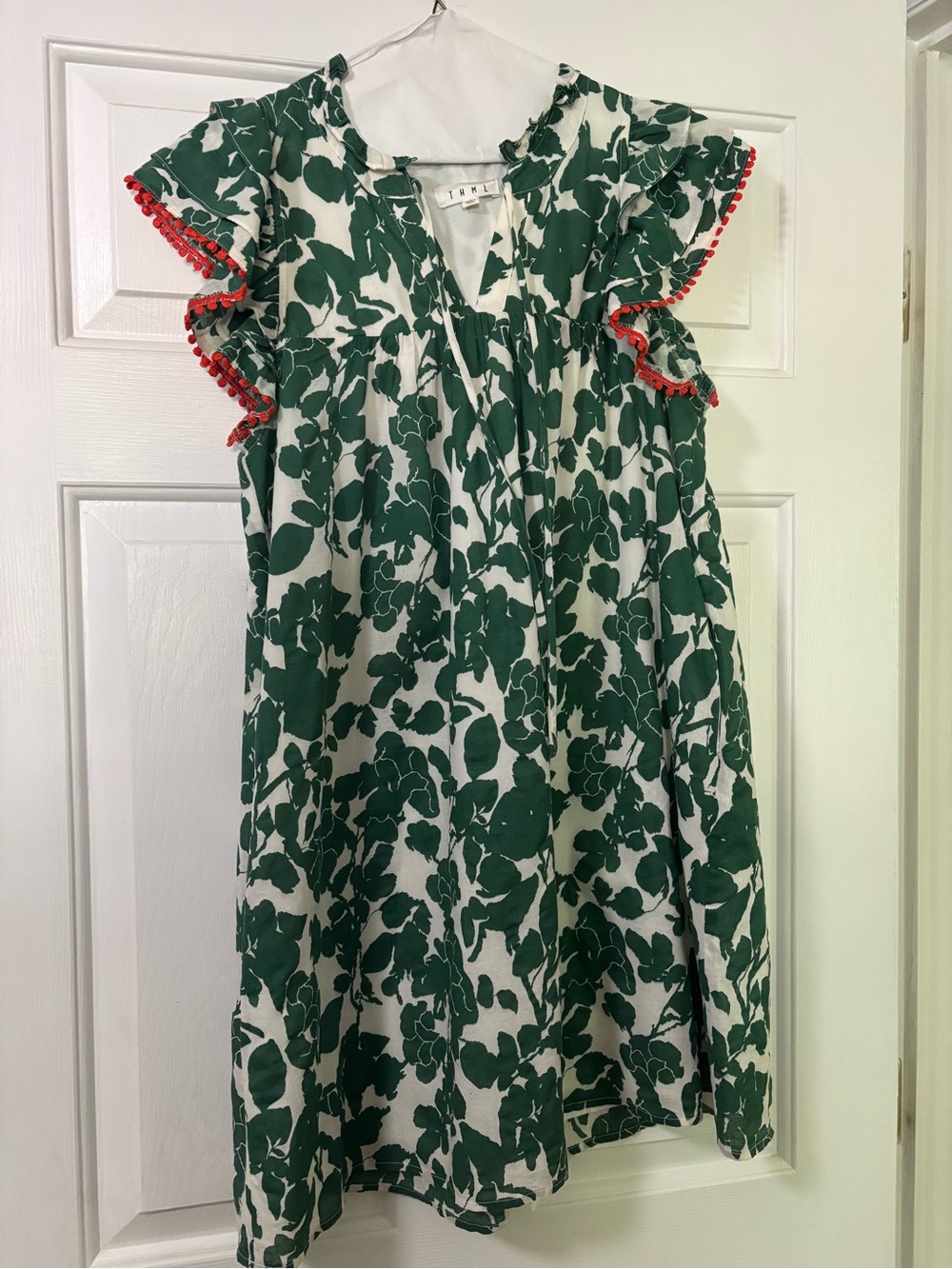 Green Floral with Orange Pom-Trim Dress